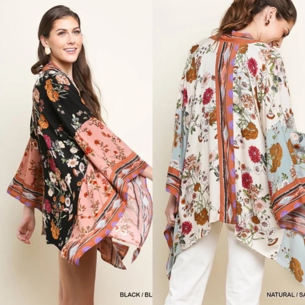 023 Boho Floral Print Waterfall Open Front Kimono Cover up - Picture 2 of 2